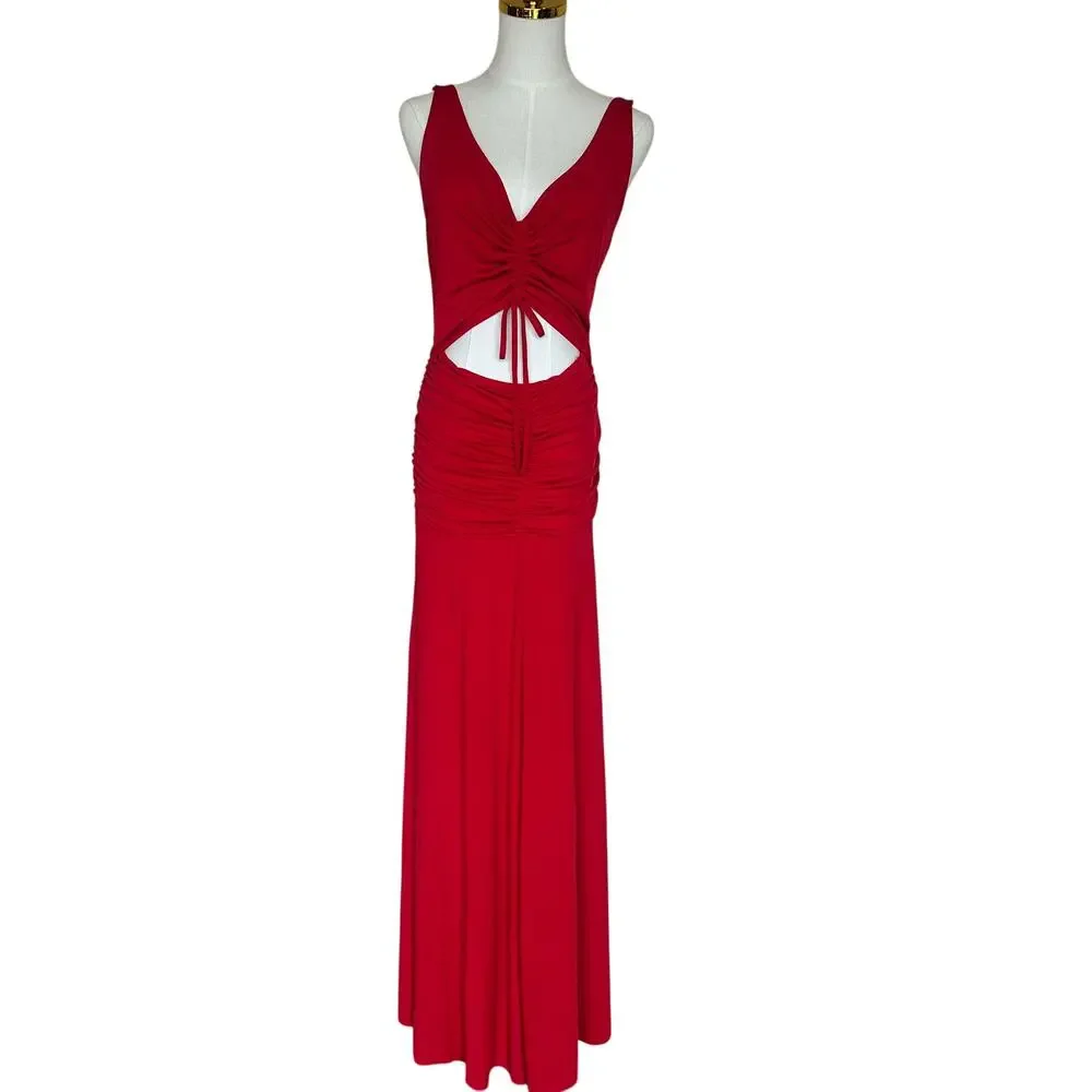 Zac Posen Red Cutout Waist Maxi Dress Size 10 Jersey Ruched Gown Designer $550 - Picture 7 of 11